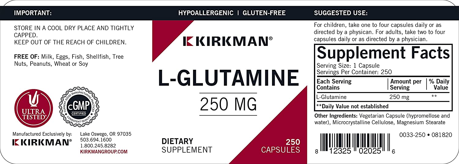 L-Glutamine 250 mg - Hypoallergenic | 250 Vegetarian Capsules | Amino Acid | Gluten and Casein Free