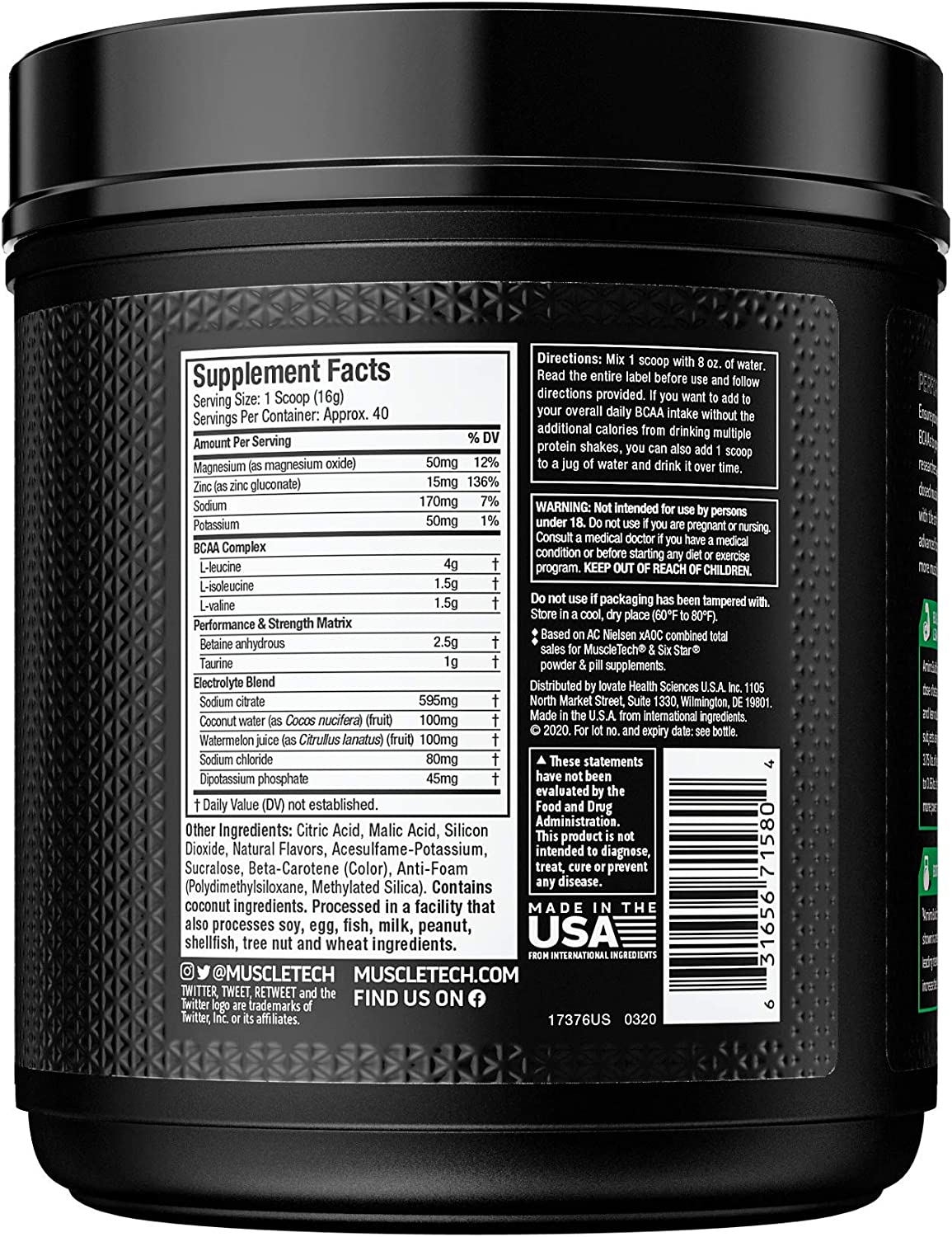 BCAA Amino Acids + Electrolyte Powder | MuscleTech Amino Build | 7g of BCAAs + Electrolytes | Suppor