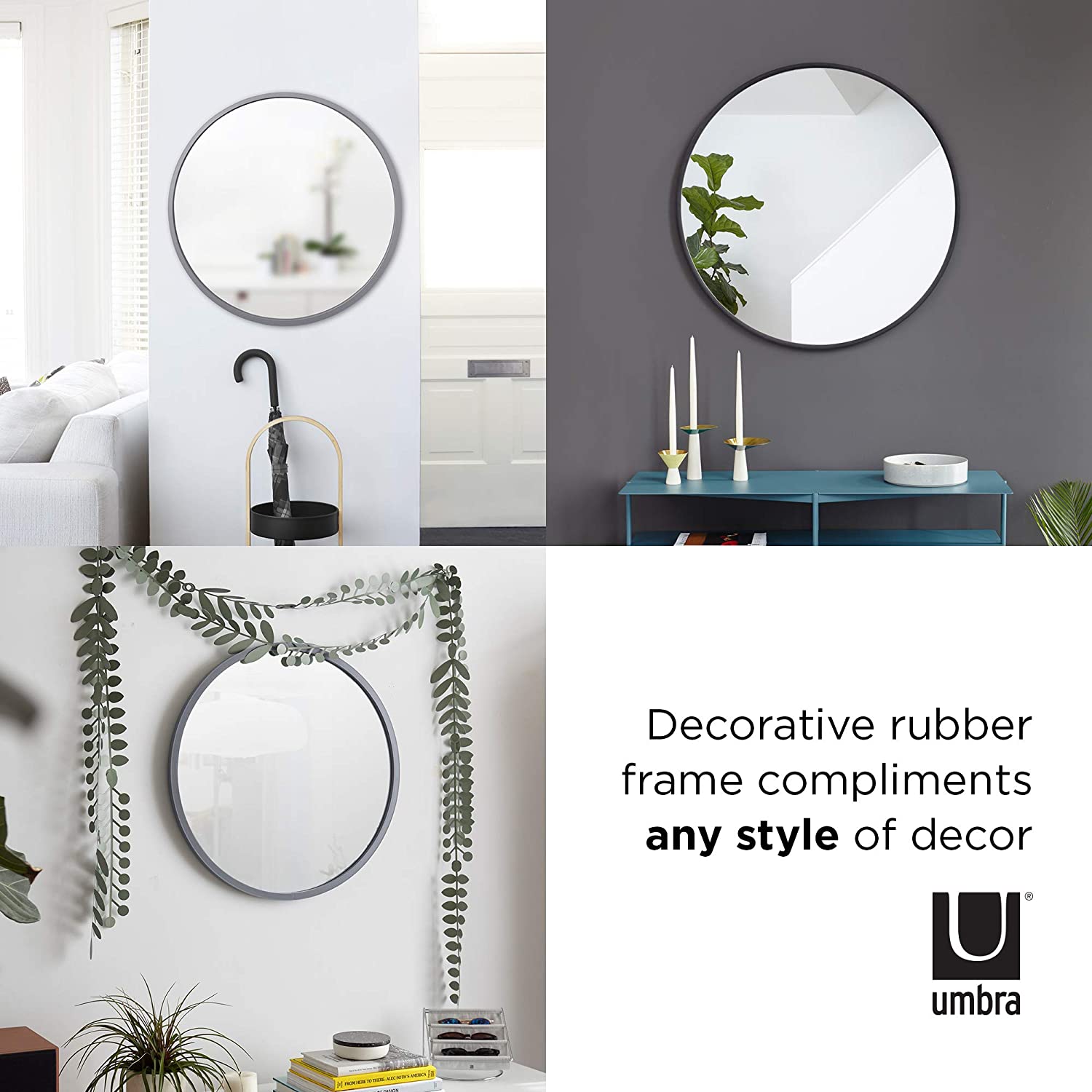 Umbra, Black Hub 30” Round Wall Mirror with Rubber Frame, Modern Decor for Entryways, Bathrooms, L