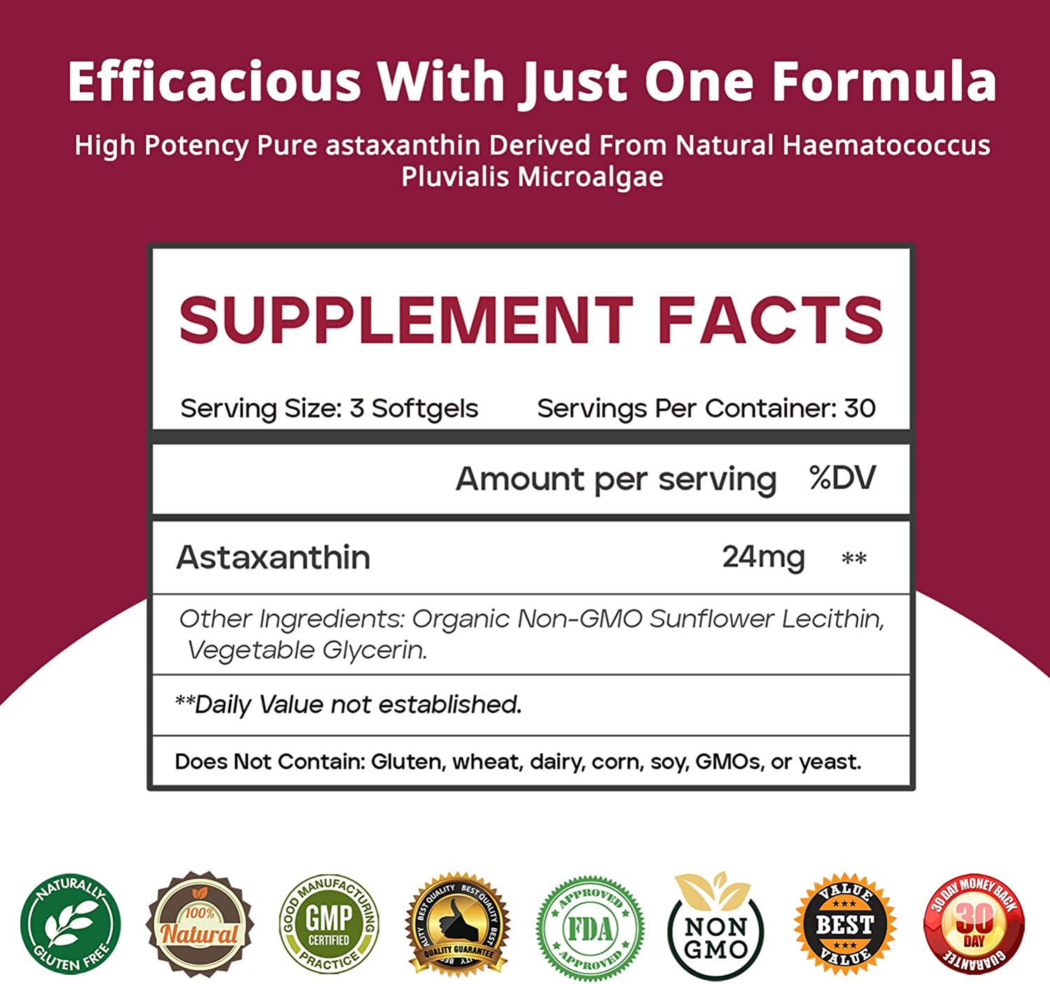 Astaxanthin 24mg, 90 Softgels Premium Astaxanthin Supplements for 1 Month Supply, Pure Haematococcus