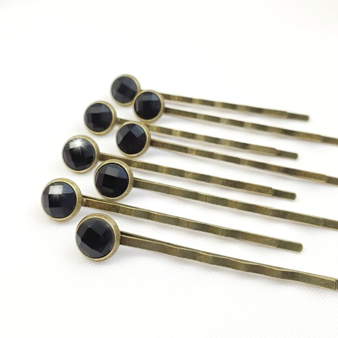 Crystal Hair Pins for Women, Decorative Bobby Pin Set of 8 Black Hairpins, Sparkly Glass Rhinestone