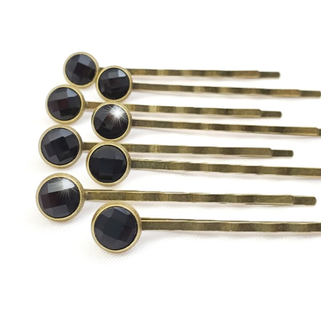 Crystal Hair Pins for Women, Decorative Bobby Pin Set of 8 Black Hairpins, Sparkly Glass Rhinestone
