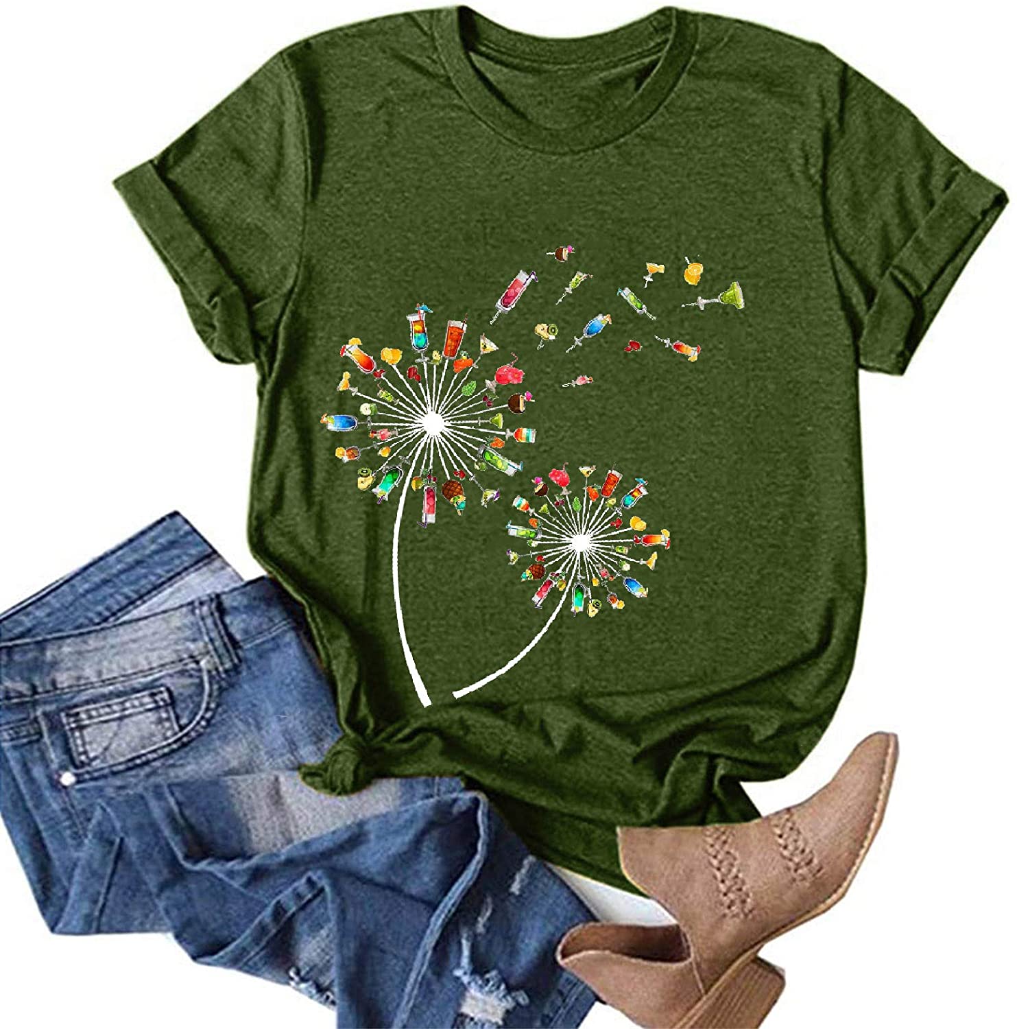 Dosoop Womens Short Sleeve Tops T-Shirts Casual Loose Fit Dandelion Print Graphic O-Neck Tees Shirts