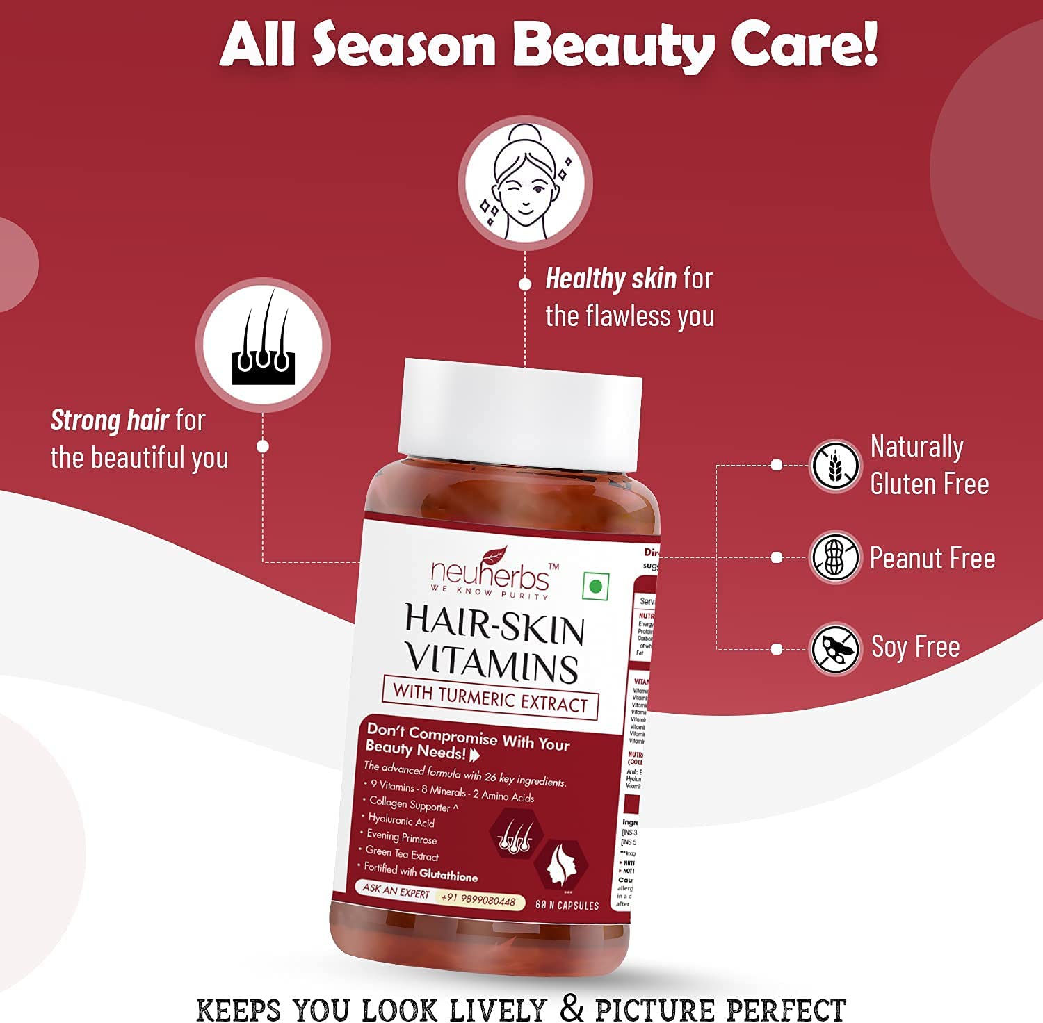 SB Group Neuherbs Hair Skin & Vitamins Supplement with Turmeric, Primrose Oil, Biotin, Glutathione &