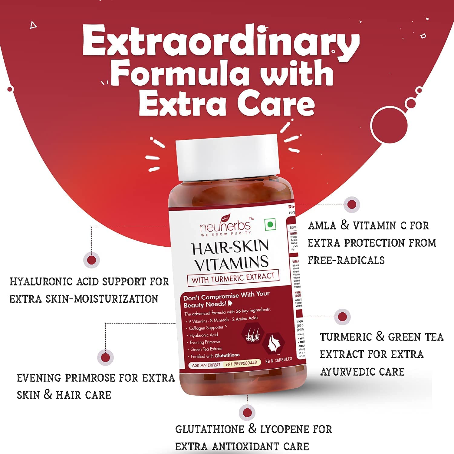 SB Group Neuherbs Hair Skin & Vitamins Supplement with Turmeric, Primrose Oil, Biotin, Glutathione &