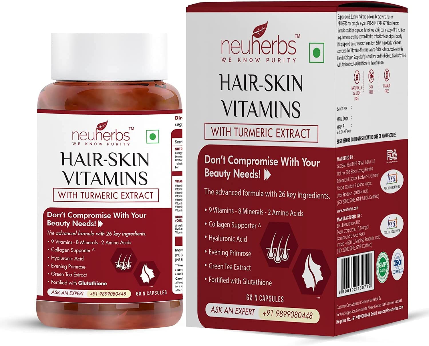 SB Group Neuherbs Hair Skin & Vitamins Supplement with Turmeric, Primrose Oil, Biotin, Glutathione &
