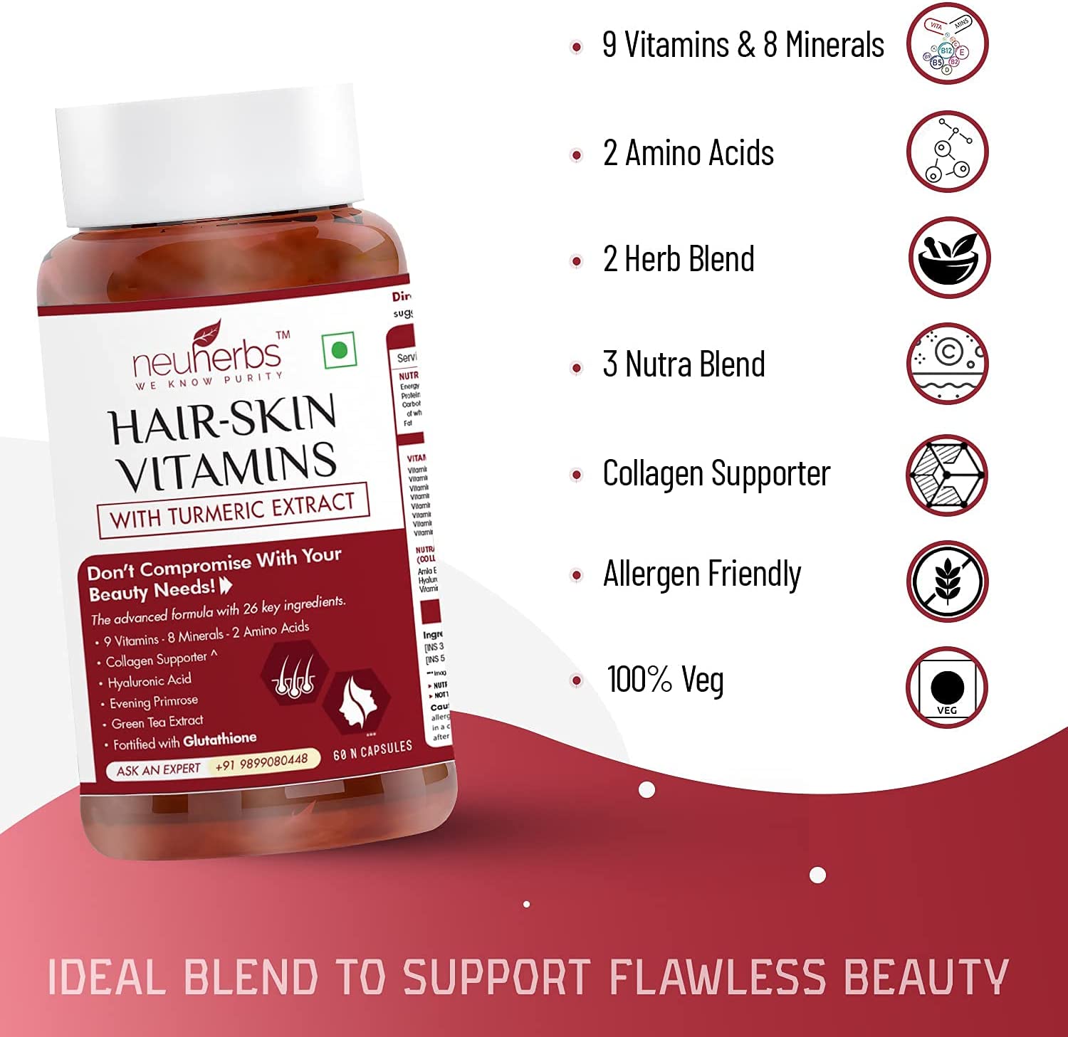 SB Group Neuherbs Hair Skin & Vitamins Supplement with Turmeric, Primrose Oil, Biotin, Glutathione &