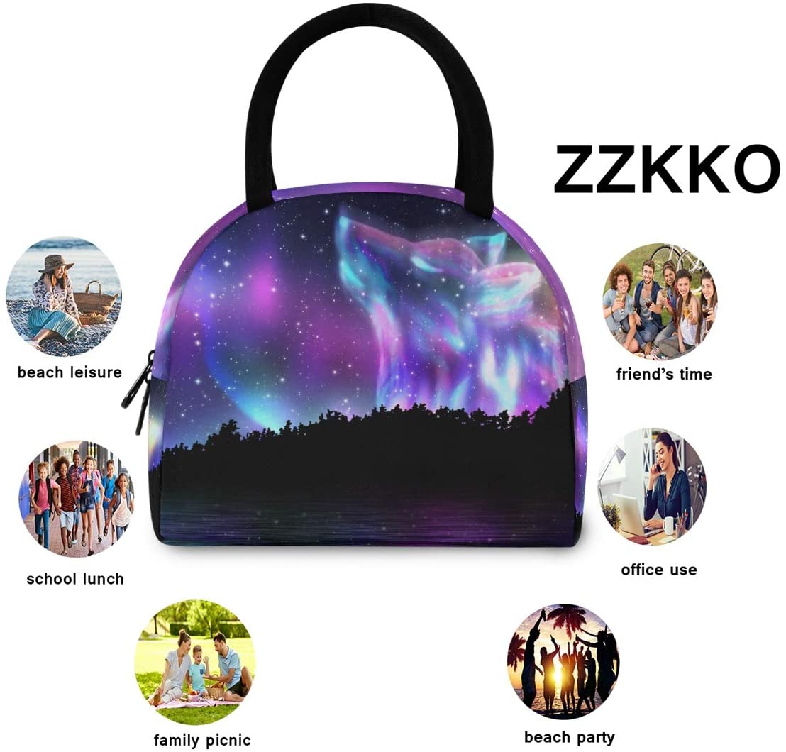 ZZKKO Galaxy Wolf Forest Lunch Bag Box Tote Organizer Lunch Container Insulated Zipper Meal Prep Coo