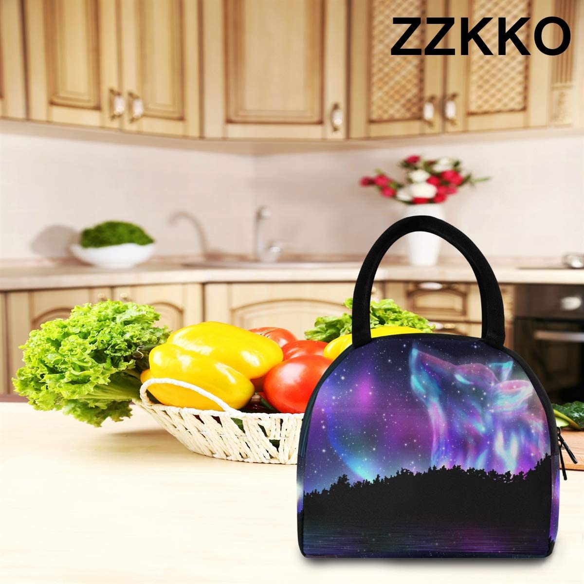 ZZKKO Galaxy Wolf Forest Lunch Bag Box Tote Organizer Lunch Container Insulated Zipper Meal Prep Coo