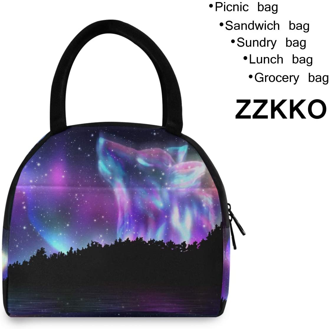 ZZKKO Galaxy Wolf Forest Lunch Bag Box Tote Organizer Lunch Container Insulated Zipper Meal Prep Coo