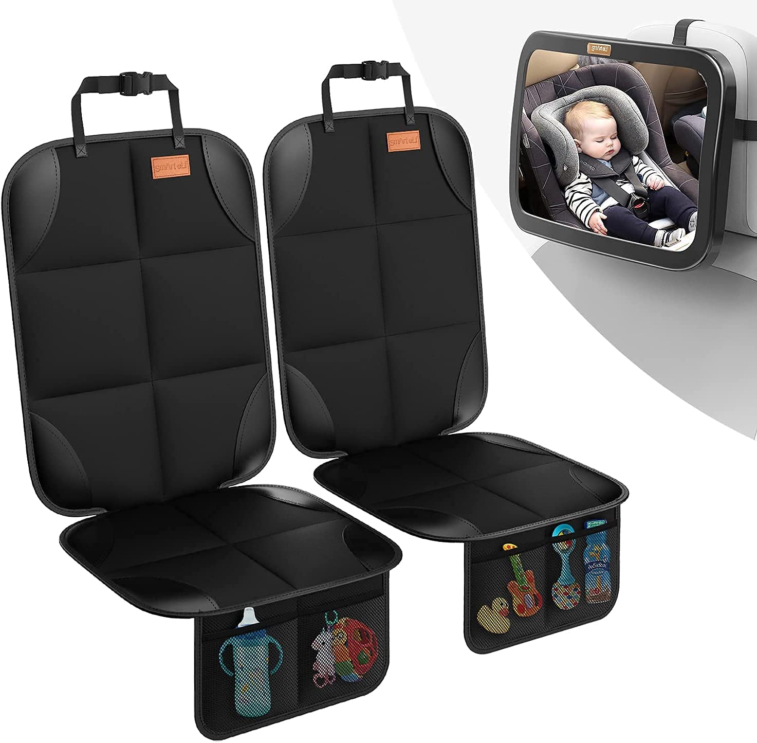 Smart eLf 2 Pack Car Seat Protector + 1 Pack Baby Mirror for Car Backseat Full View