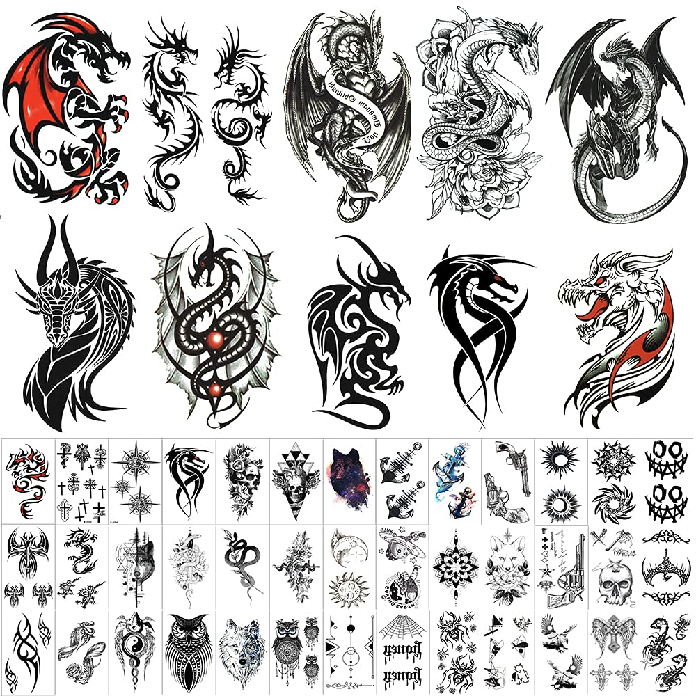 50 Sheets Forearm Half Sleeve Dragon Temporary Tattoos for Men Women Adults Fake Tattoos 3D Large Tr