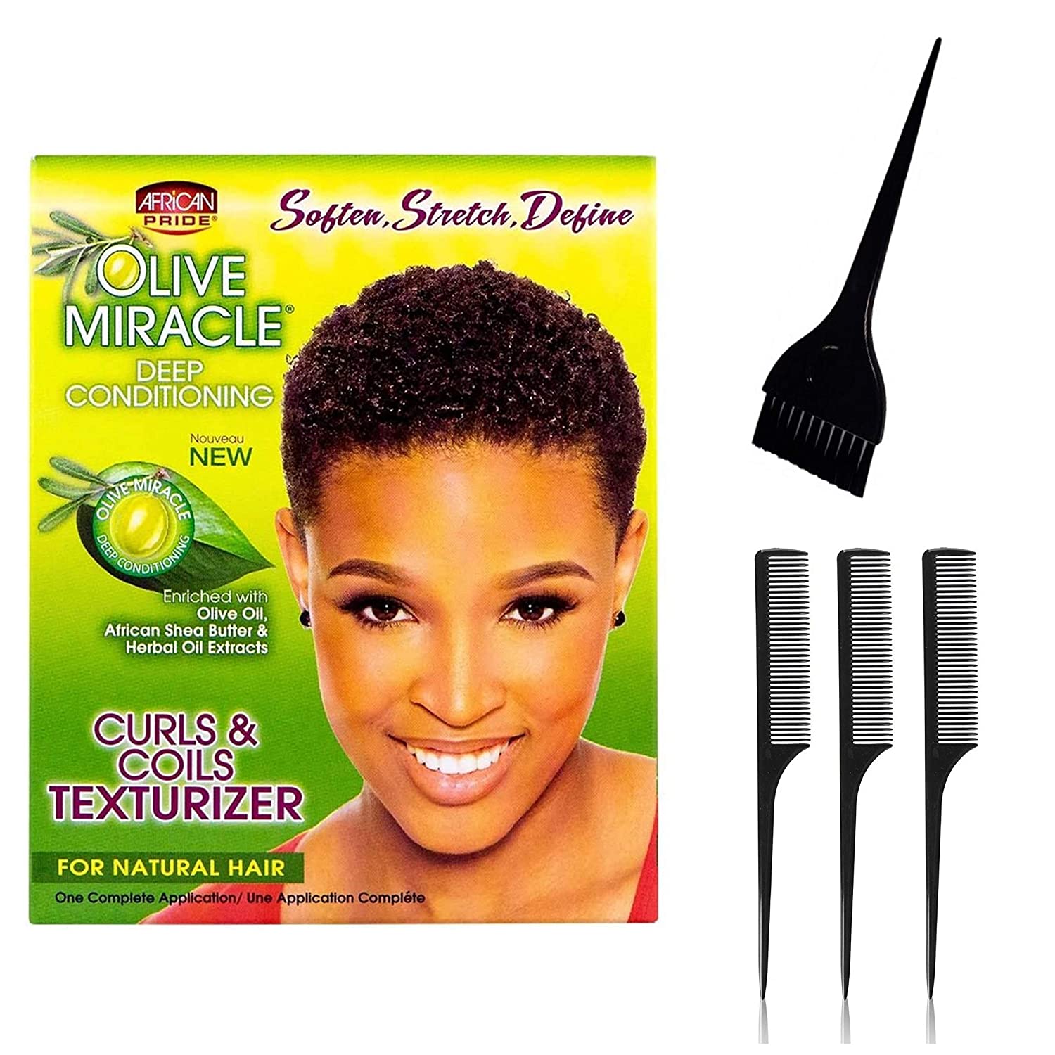 African Pride Olive Miracle Curls and Coils Texturizer (Including Large Applicator Brush & 3 pc Rat 