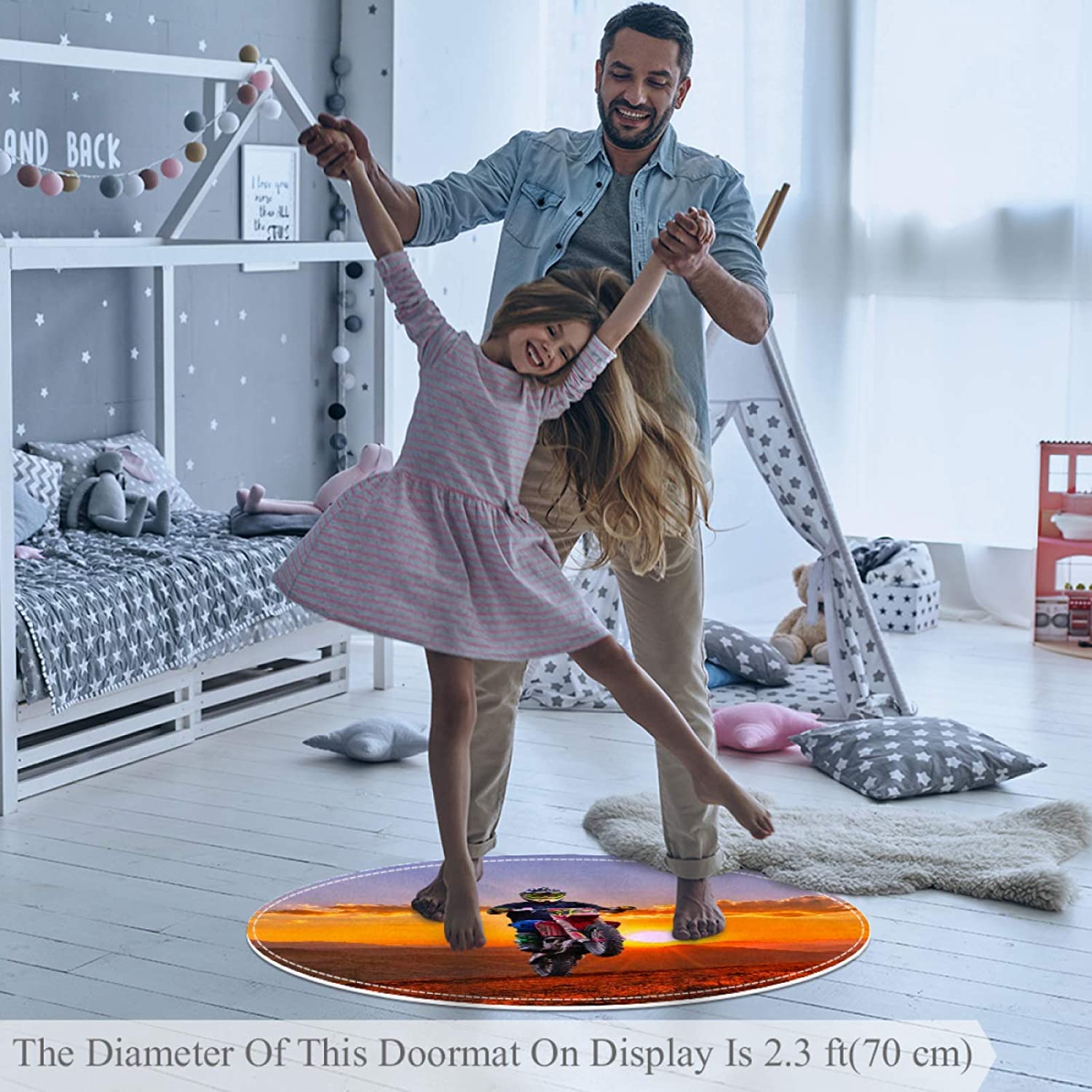 Round Comfort Anti-Fatigue Kitchen Floor Mat Motorcycle Sunset Machine Washable Kitchen Floor Rug, w