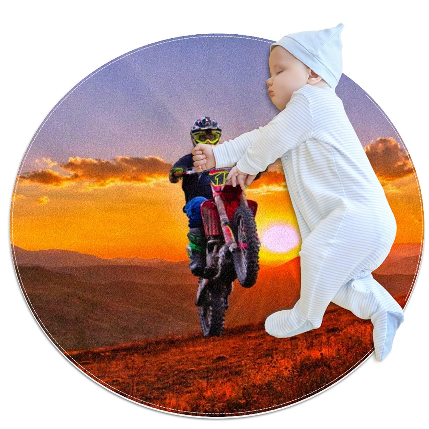 Round Comfort Anti-Fatigue Kitchen Floor Mat Motorcycle Sunset Machine Washable Kitchen Floor Rug, w