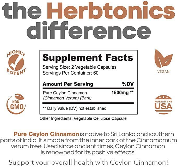 Ceylon Cinnamon Capsules 1500 mg 120 Capsules, True Ceylon Cinnamon Blood Sugar Levels Support Suppl