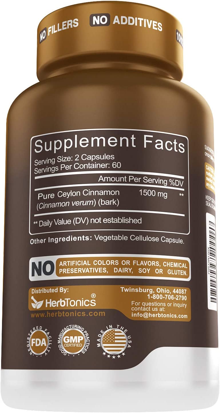 Ceylon Cinnamon Capsules 1500 mg 120 Capsules, True Ceylon Cinnamon Blood Sugar Levels Support Suppl