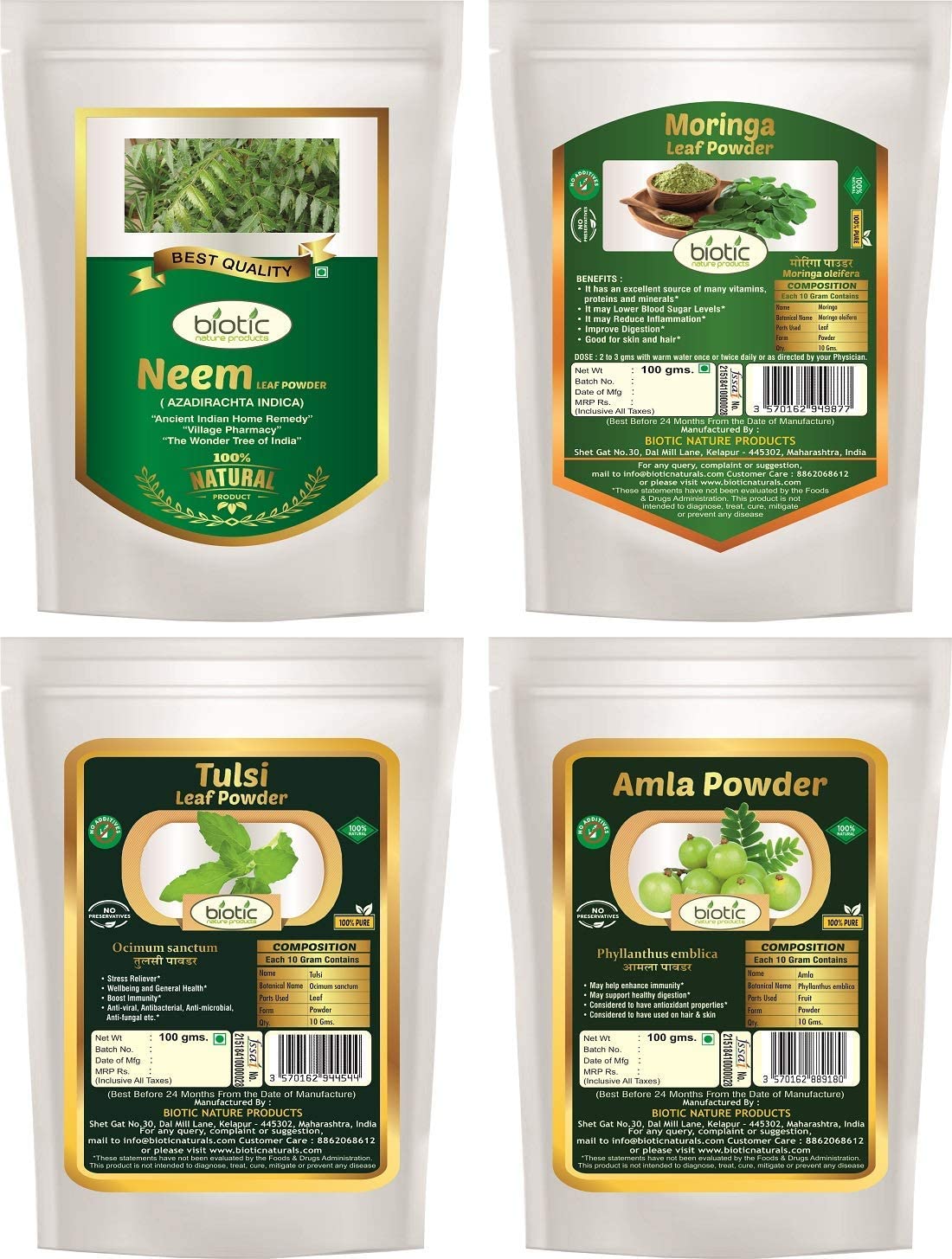 DKM Neem Leaf, Moringa Leaf, Tulsi Leaf and Amla Powder - 400g (100g Each)