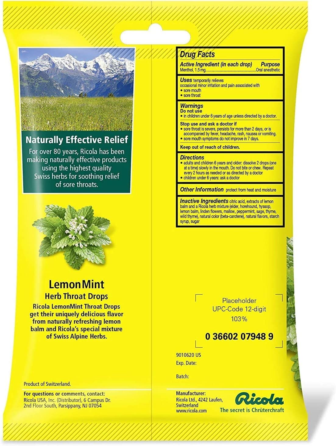 Ricola Lemon Mint Cough & Throat Drops, 24 ct, 2 pk