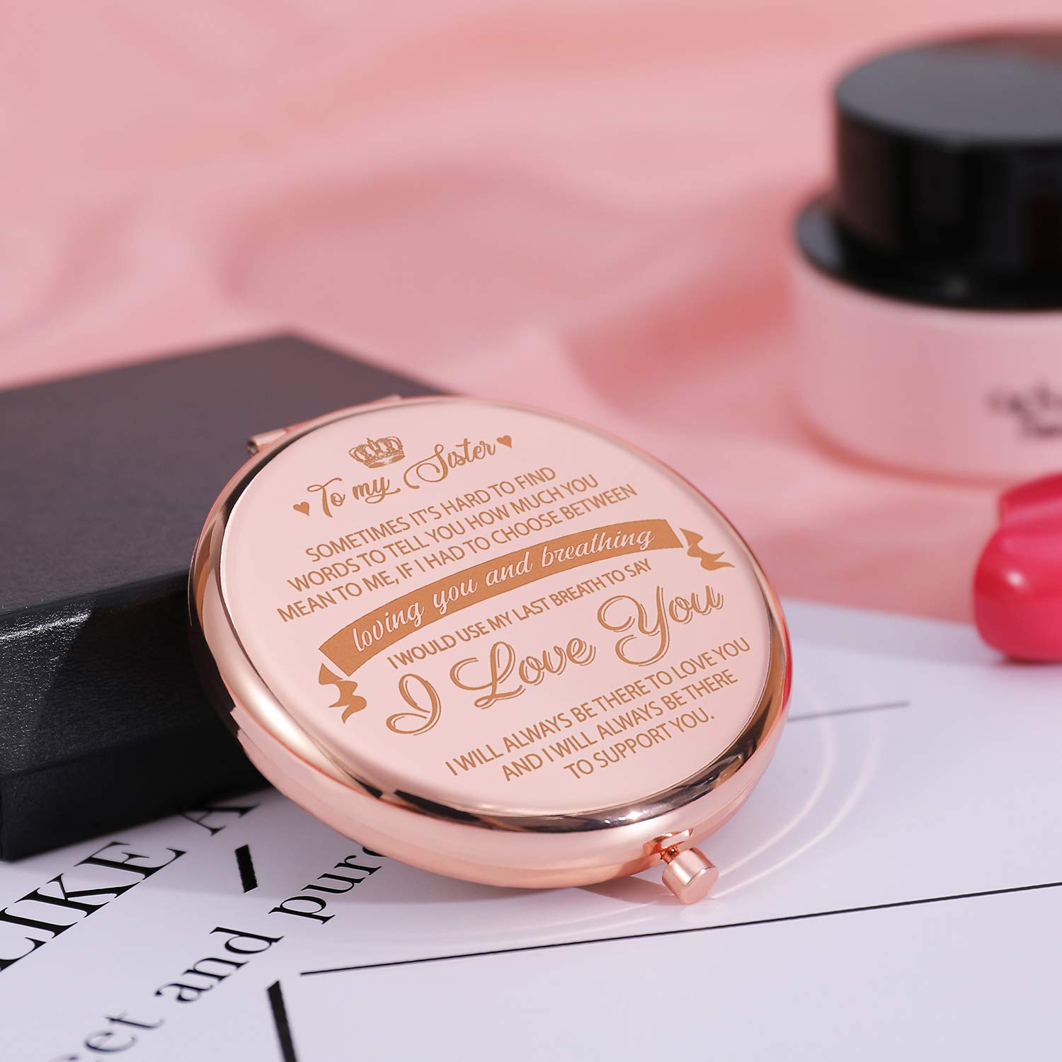 ElegantPark Sister Gifts from Sister Brother Best Friend Birthday Gifts Rose Gold Engraved Compact M