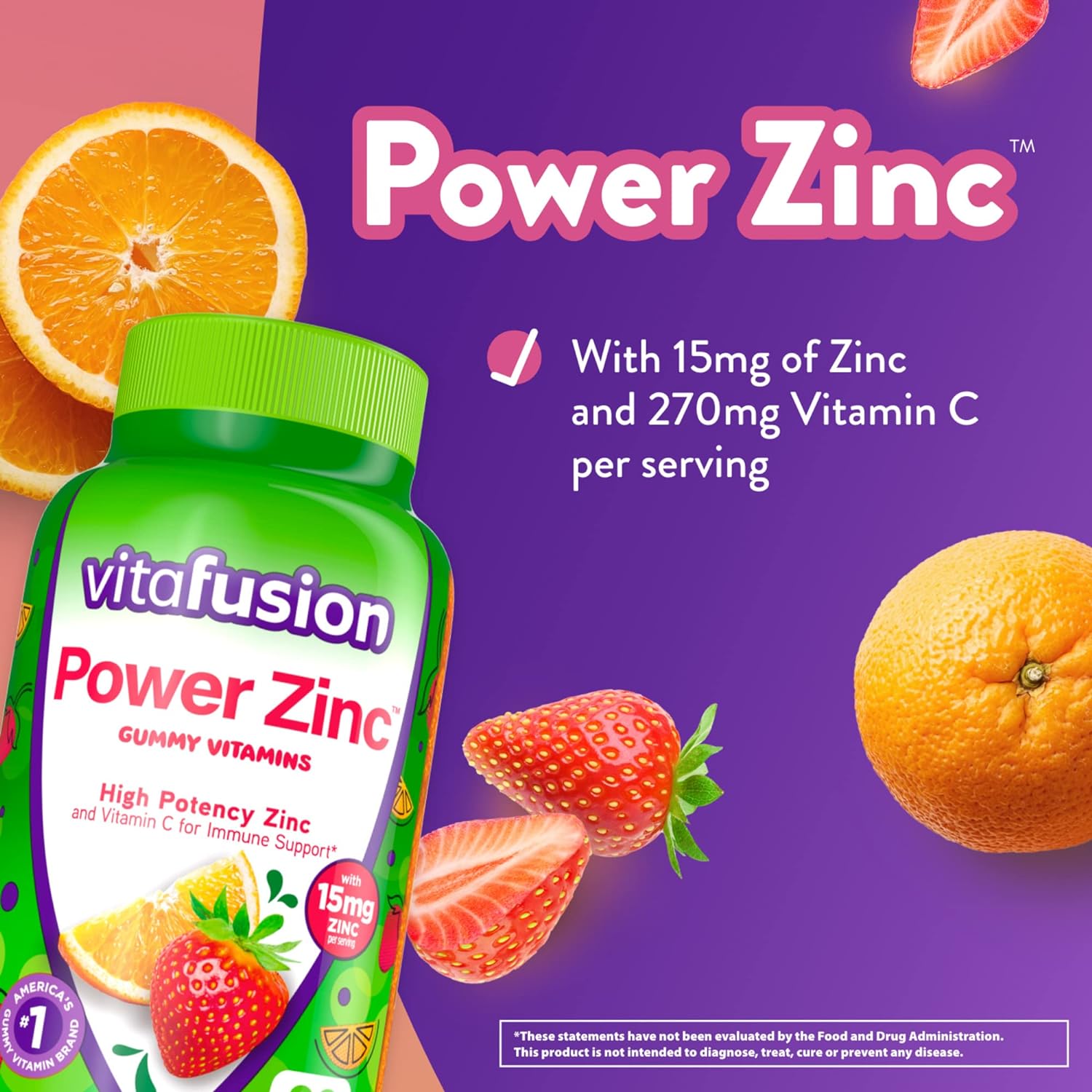 vitafusion Power Zinc Gummy Vitamins, Strawberry Tangerine Flavored Immune Support (1) Vitamins, 90