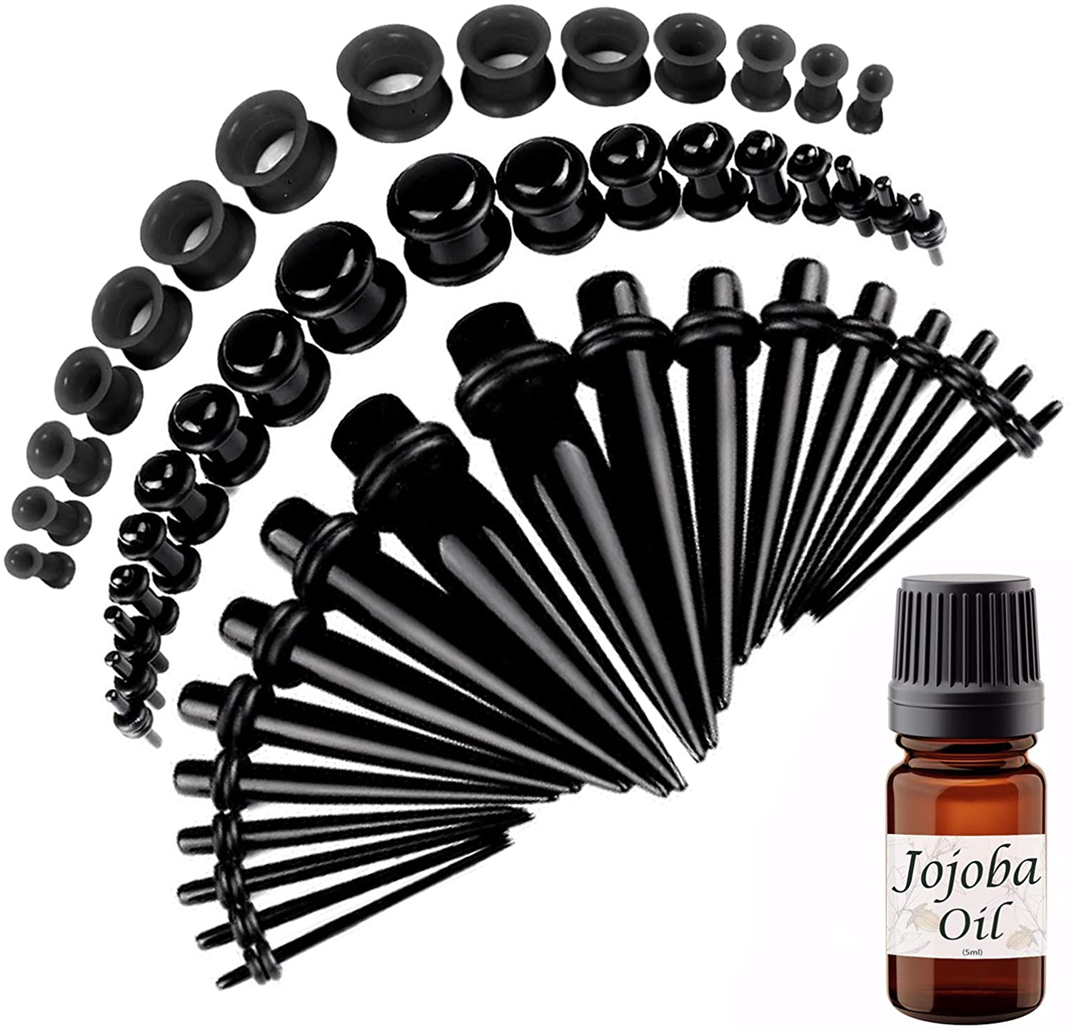BodyJ4You 50PC Gauges Kit Ear Stretching Aftercare Jojoba Oil Wax 14G-12MM Tunnel Plug Taper Set