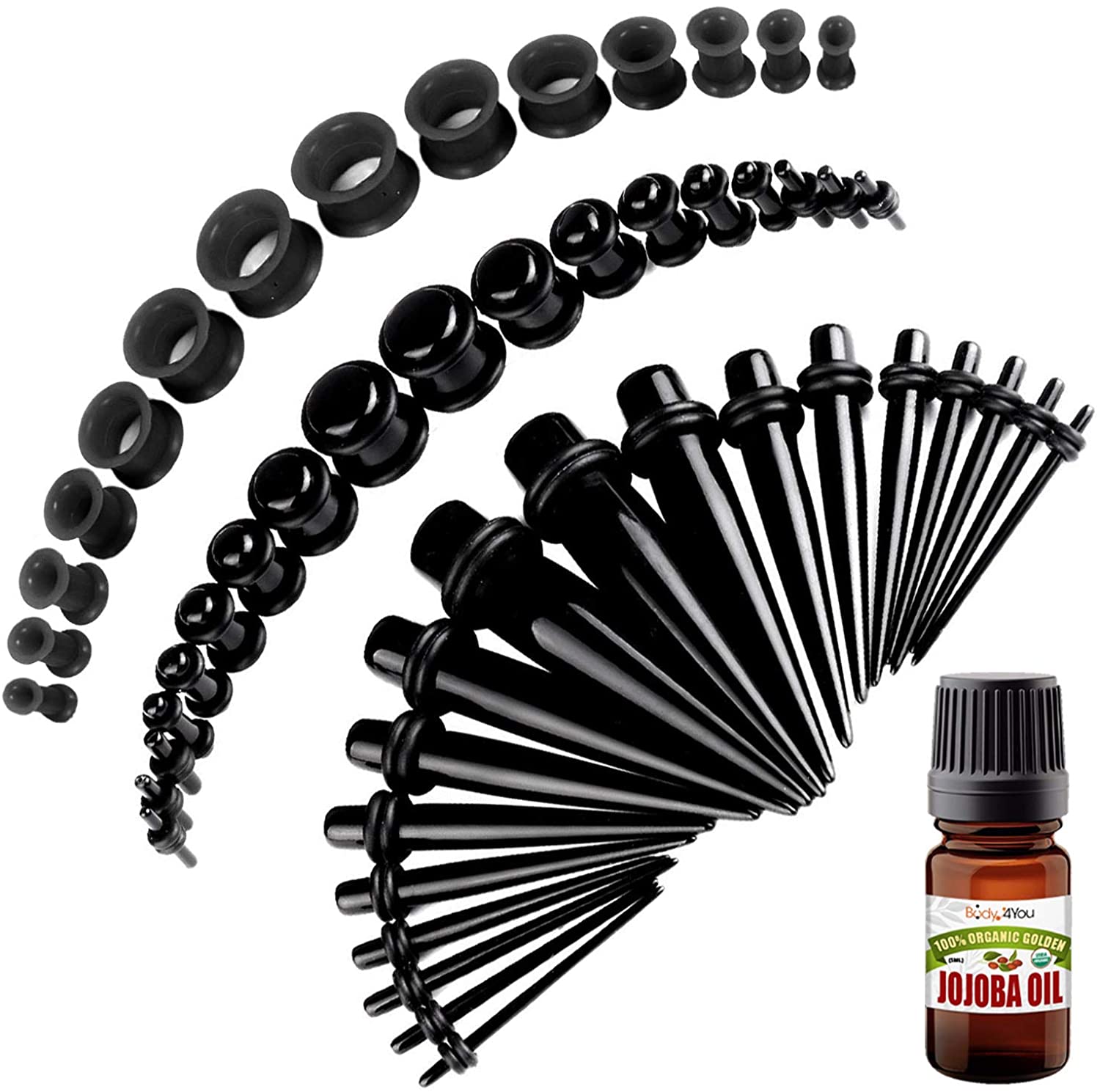 BodyJ4You 50PC Gauges Kit Ear Stretching Aftercare Jojoba Oil Wax 14G-12MM Tunnel Plug Taper Set