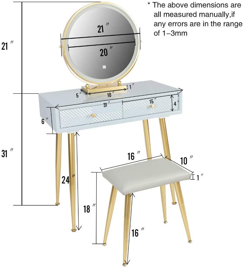 YOURLITEAMZ Makeup Vanity Table Set with 3 Adjustable Lighted LED Mirror and Cushioned Stool, 2 Draw