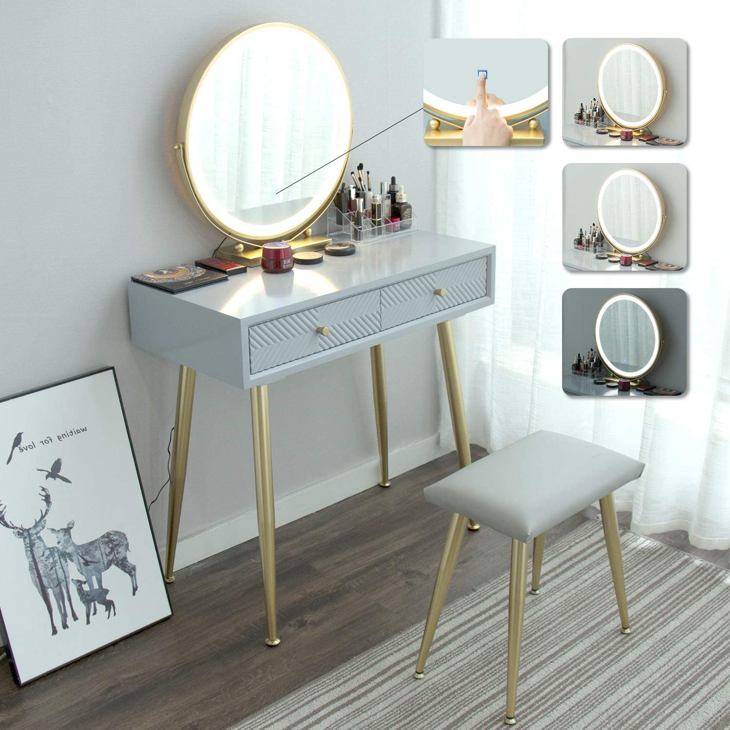 YOURLITEAMZ Makeup Vanity Table Set with 3 Adjustable Lighted LED Mirror and Cushioned Stool, 2 Draw