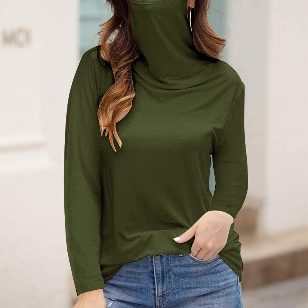 Dosoop Womens Casual Long Sleeve High Neck Sweatshirt with Face_Mask Scarf Cycle Balaclava Solid Col