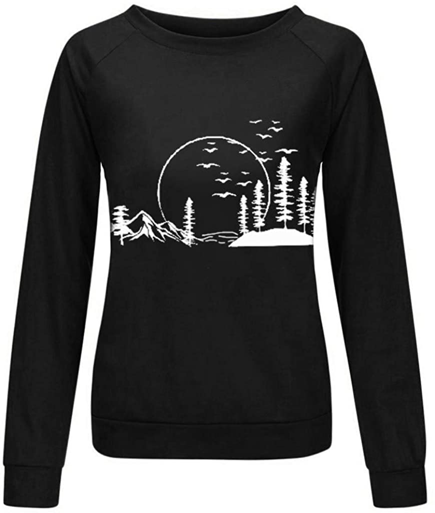 Sweatershirts for Women, Plus Size Womens Tops Scenery Printed Casual Crewneck Pullover Top Comfy Sw