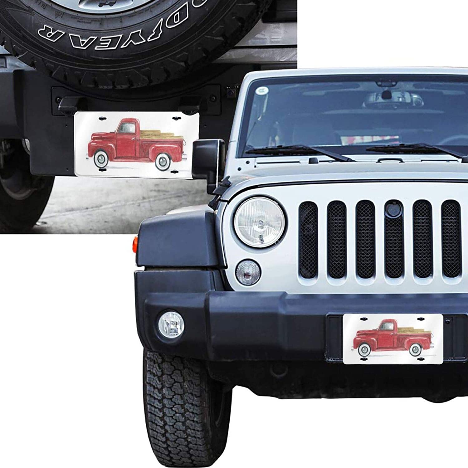 Vintage Old Red Pick Truck Farmhouse License Plate Frame Aluminum Metal Covers,Metal Novelty Car Pla