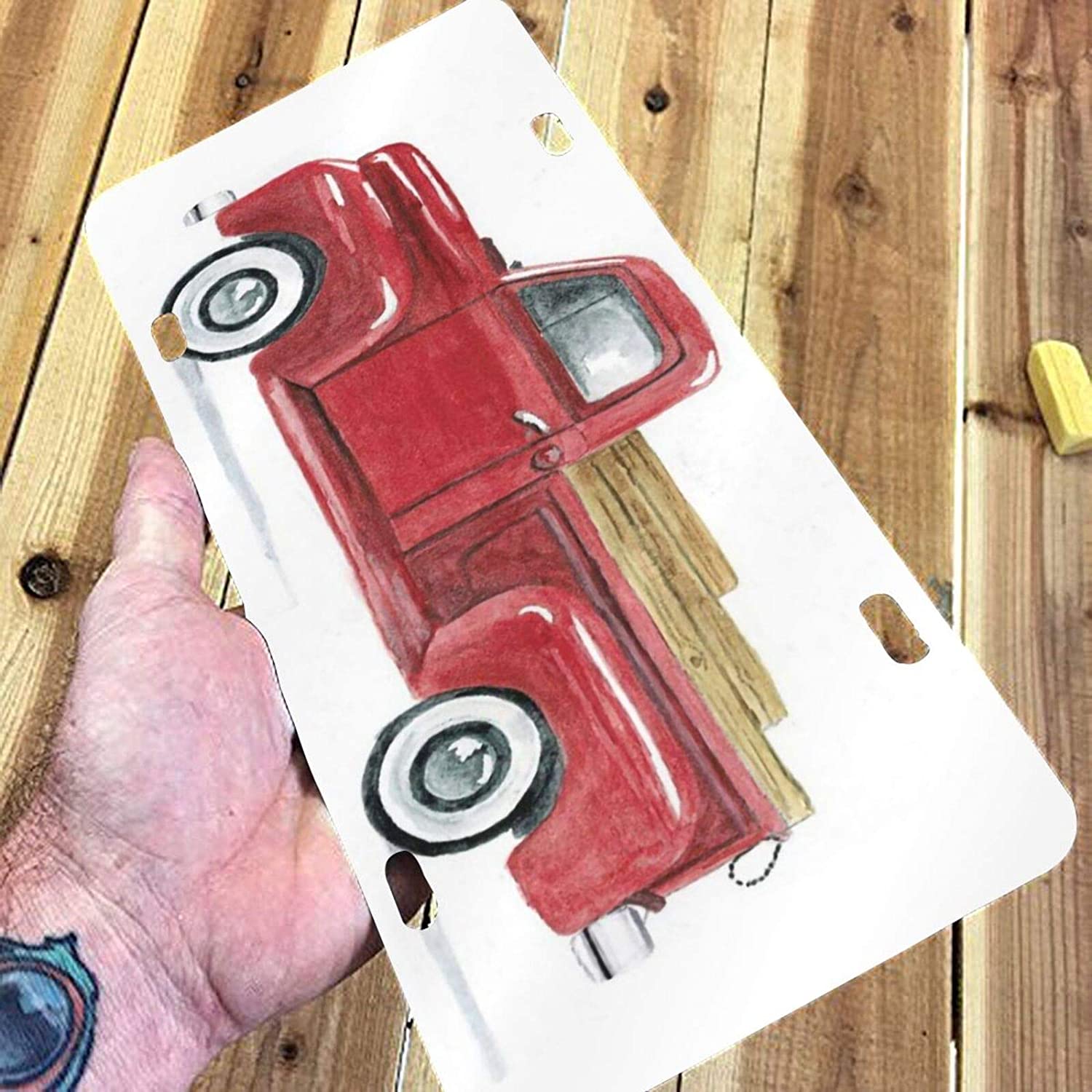 Vintage Old Red Pick Truck Farmhouse License Plate Frame Aluminum Metal Covers,Metal Novelty Car Pla