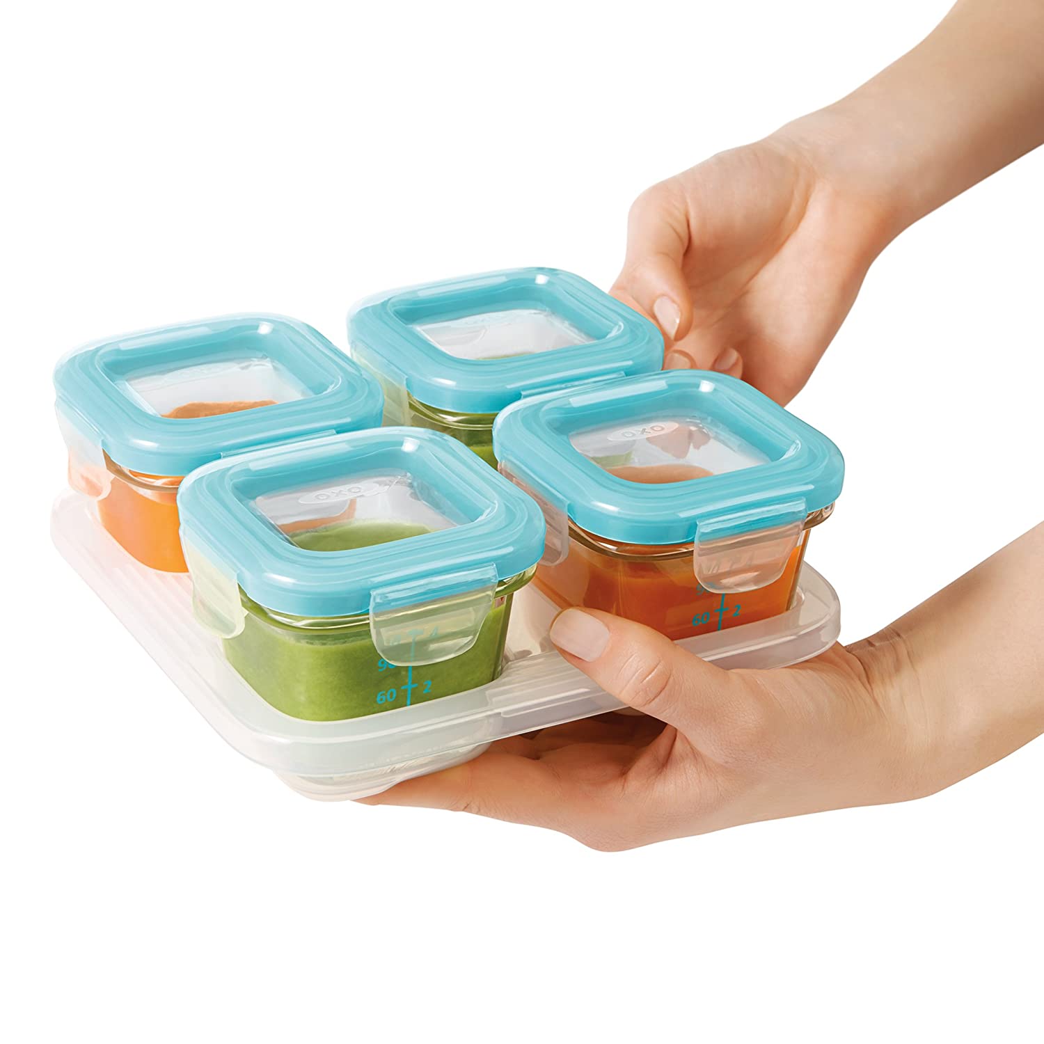 OXO Tot Glass Baby Blocks Food Storage Containers, AquaNew Colors Available
