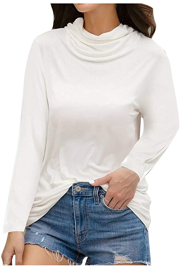 Dosoop Women Solid Color Long Sleeve Pullover with Dustproof Face Guard Bandanas Turtleneck T-Shirt 