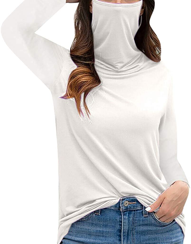 Dosoop Women Solid Color Long Sleeve Pullover with Dustproof Face Guard Bandanas Turtleneck T-Shirt 