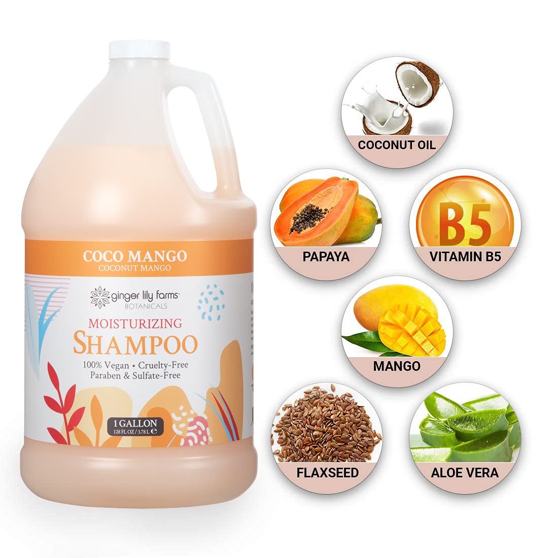 Ginger Lily Farms Botanicals Moisturizing Shampoo for All Hair Types, Coco Mango, 100% Vegan & Cruel