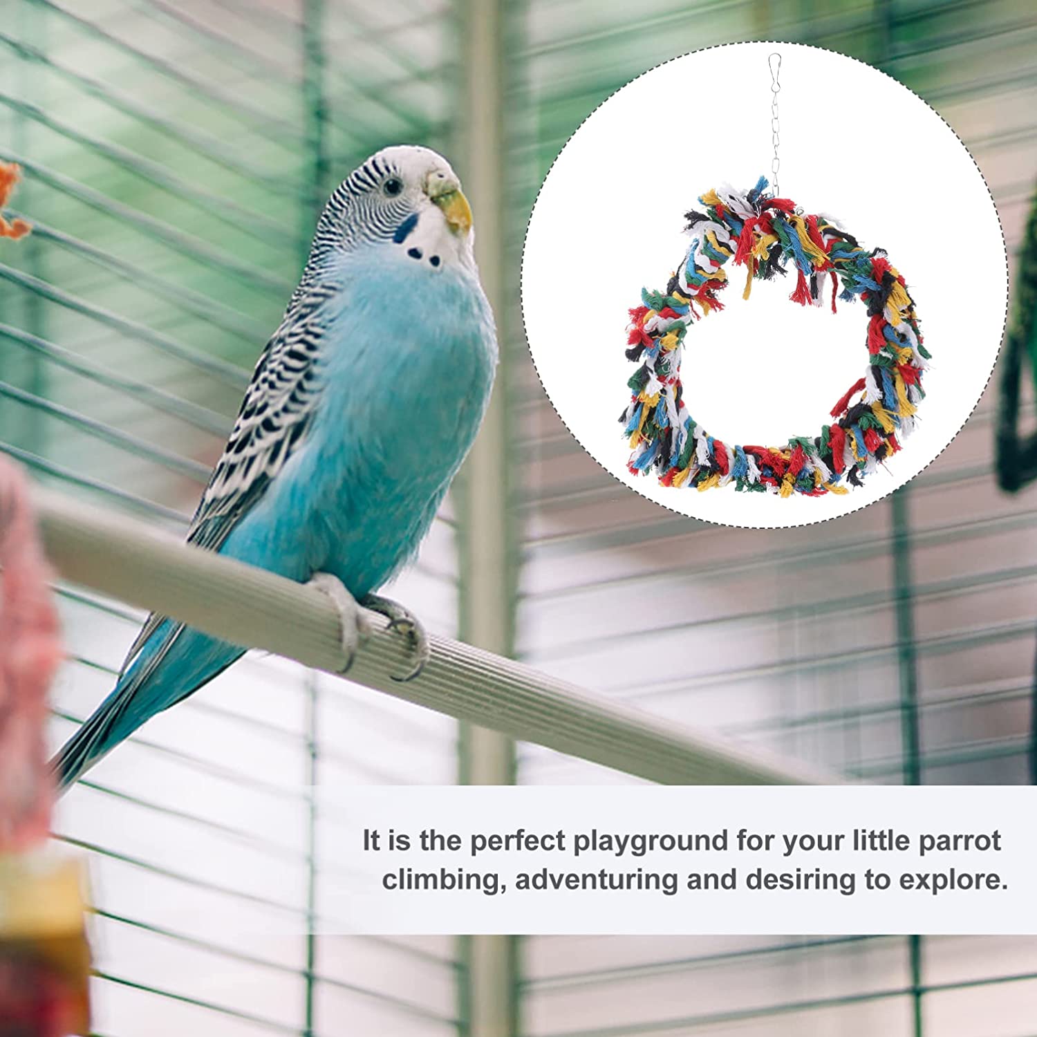 POPETPOP Bird Snuggle Ring-Parrot Cotton Preening Grooming Ropes Colorful Hanging Swing for Amazons 