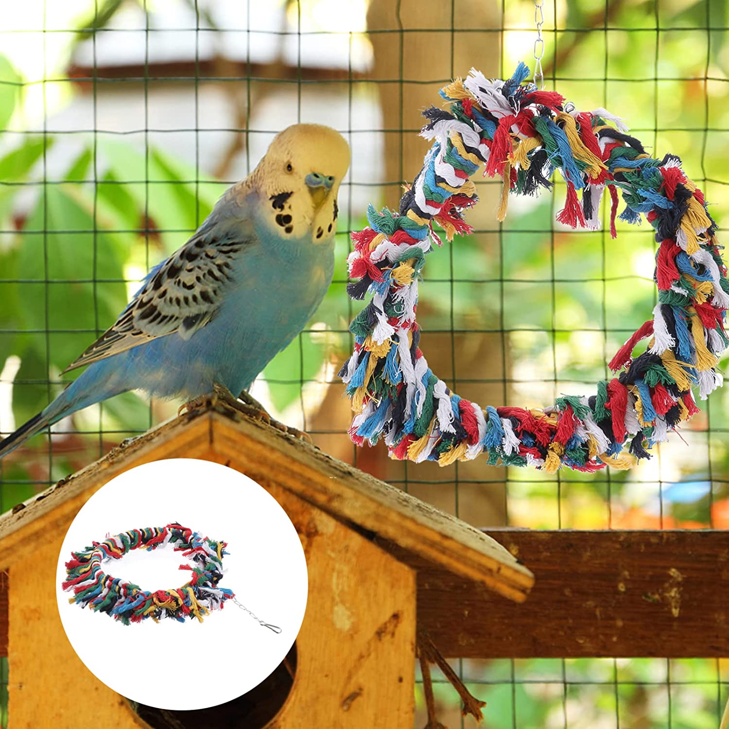 POPETPOP Bird Snuggle Ring-Parrot Cotton Preening Grooming Ropes Colorful Hanging Swing for Amazons 