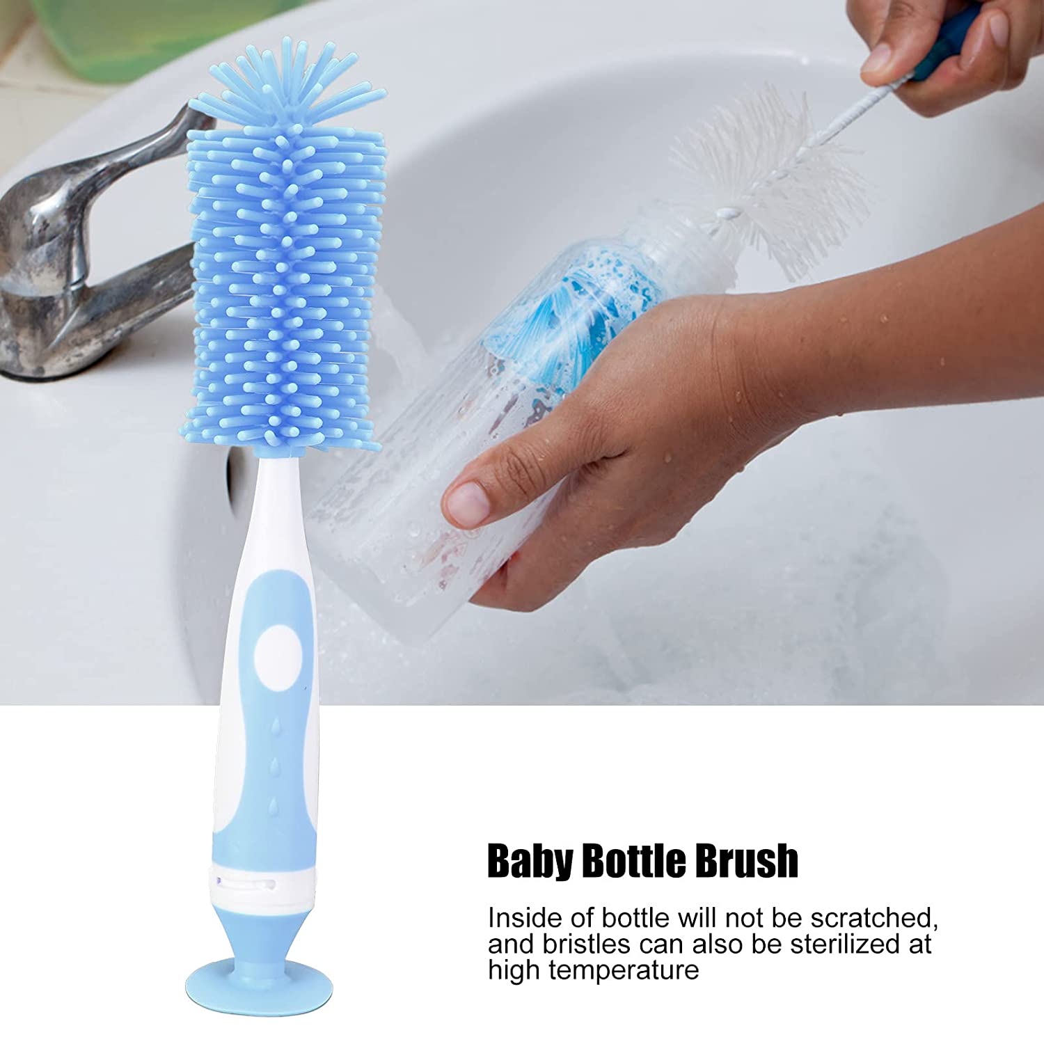 Baby Bottle Cleaning Brush, Suction Cup Soft Silicone Brush Head Multi Purpose Easy Use Silicone Bot