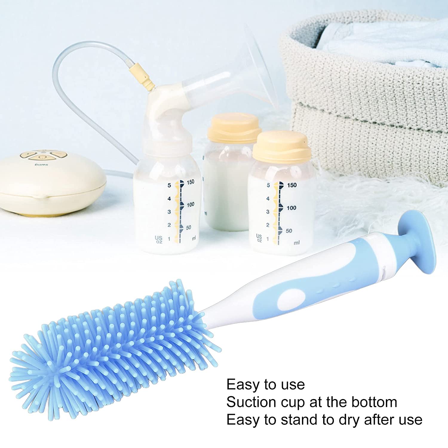 Baby Bottle Cleaning Brush, Suction Cup Soft Silicone Brush Head Multi Purpose Easy Use Silicone Bot