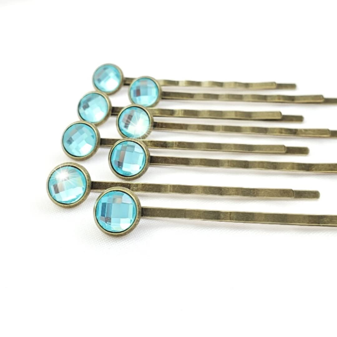 Crystal Hair Pins for Women, Decorative Bobby Pin Set of 8 Light Aqua Sky Blue Hairpins, Sparkly Gla