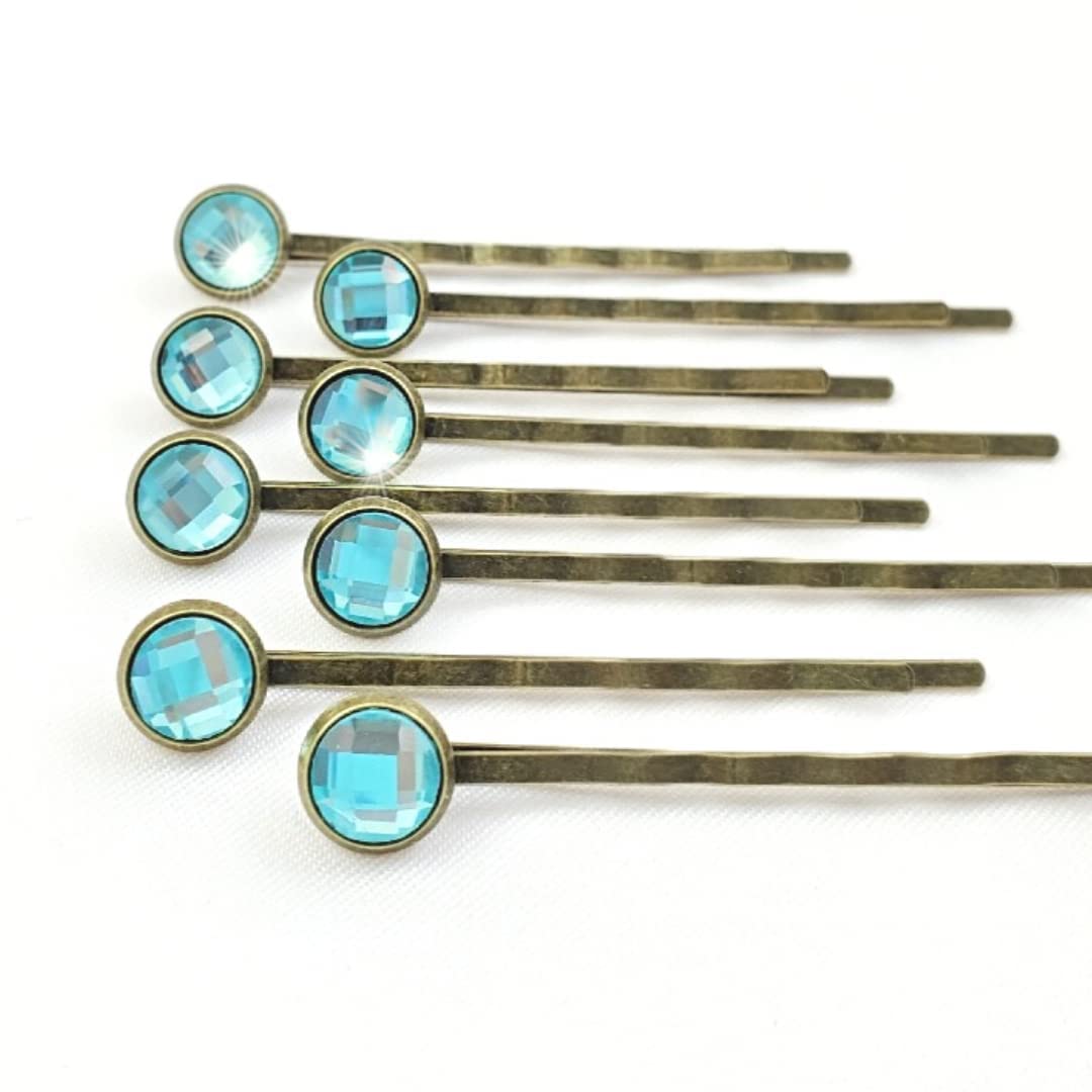 Crystal Hair Pins for Women, Decorative Bobby Pin Set of 8 Light Aqua Sky Blue Hairpins, Sparkly Gla