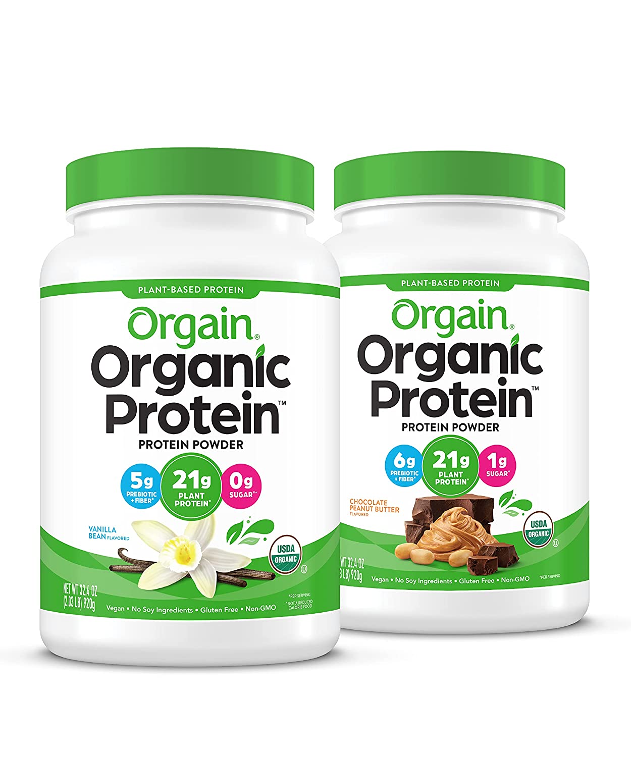 Orgain Bundle - Vanilla Protein Powder and Chocolate Peanut Butter Protein Powder - (20 Servings Eac