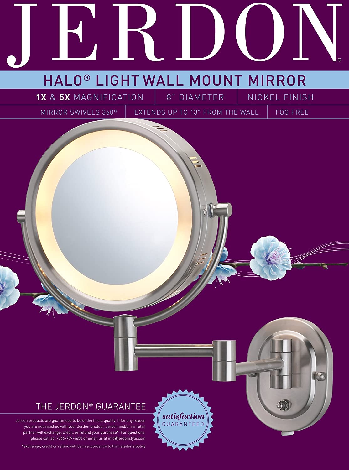 Jerdon HL65N 8-Inch Lighted Wall Mount Makeup Mirror with 5x Magnification, Nickel Finish