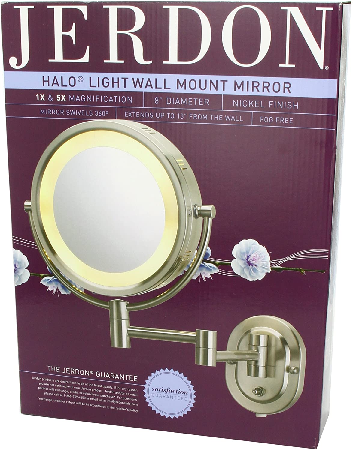 Jerdon HL65N 8-Inch Lighted Wall Mount Makeup Mirror with 5x Magnification, Nickel Finish