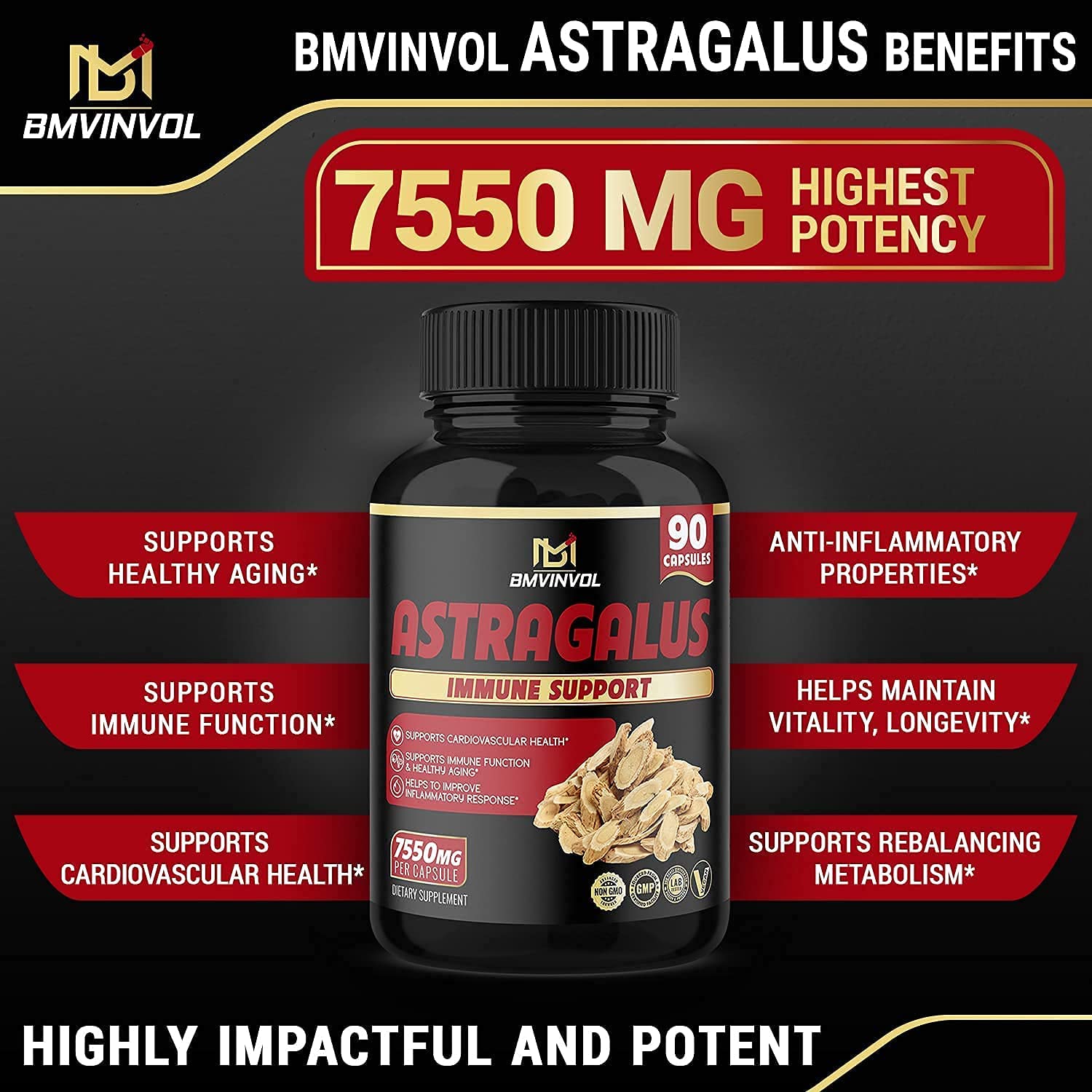 Astragalus Root Capsules 7550 mg - Supports Healthy Cardiovascular, Immune Function - High Potency w