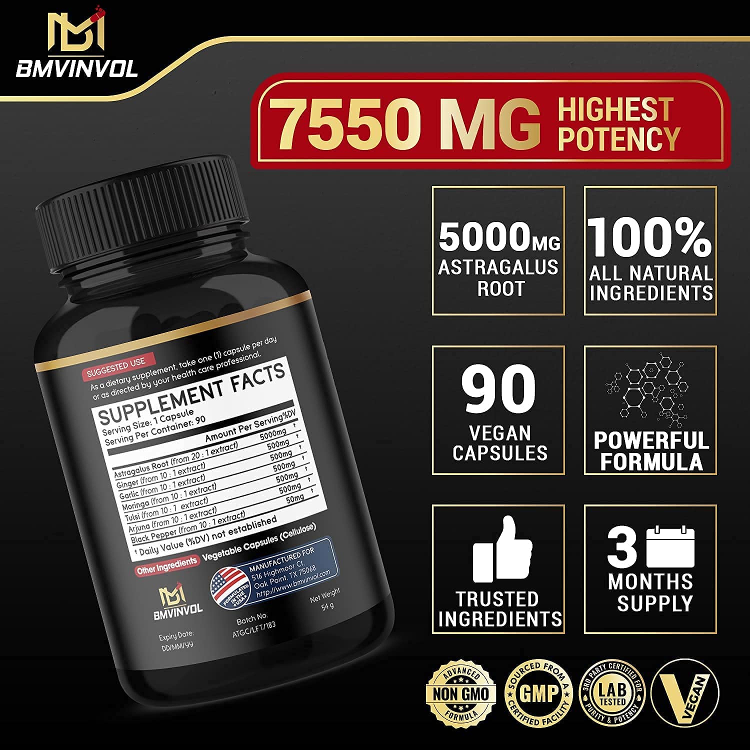 Astragalus Root Capsules 7550 mg - Supports Healthy Cardiovascular, Immune Function - High Potency w