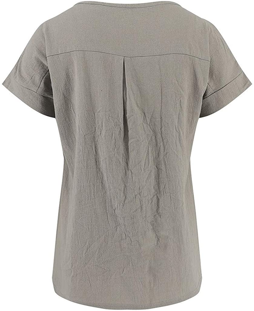 Dosoop Women Sunflower Print Linen Shirts Summer Short Sleeve Basic V Neck Loose Casual Tops T-Shirt