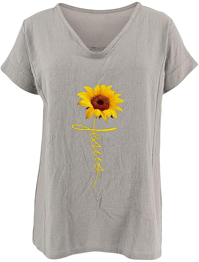 Dosoop Women Sunflower Print Linen Shirts Summer Short Sleeve Basic V Neck Loose Casual Tops T-Shirt